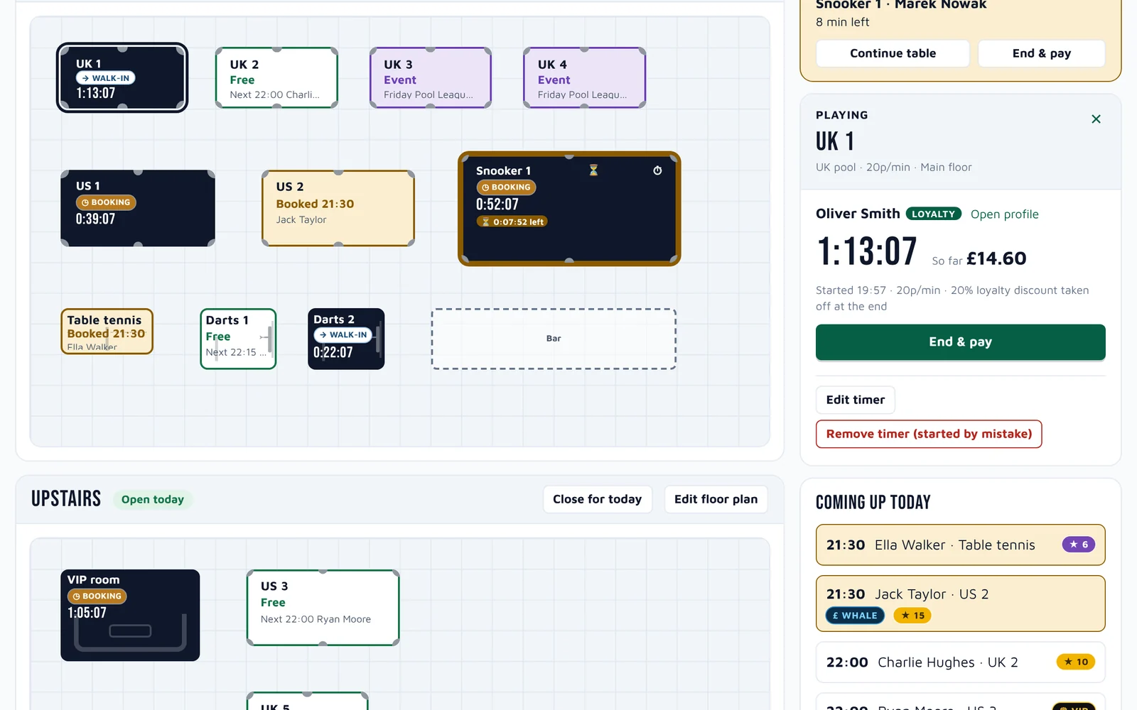 A table selected on the floor plan: customer with badges, a big running clock, price so far with a loyalty discount, and the End and pay button.