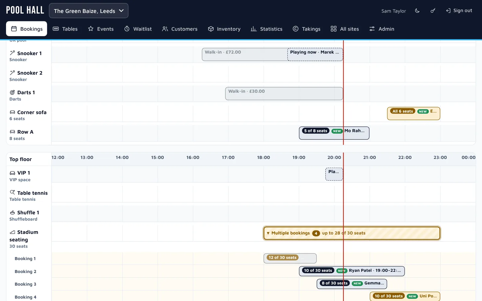 The timeline with a row for each sofa and the stadium seating: one booking shows 5 of 8 seats, and four overlapping bookings open into a line each under a Multiple bookings slot.