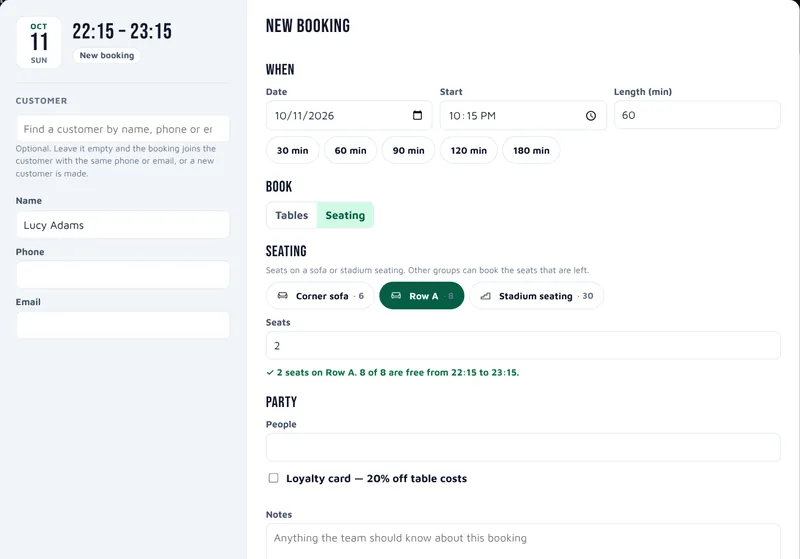 A new booking set to Seating: pick the sofa or stadium seating and the number of seats, with a line saying how many are free.