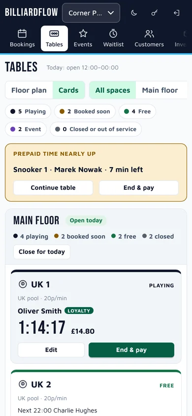 Live View on a phone, shown as cards with running clocks and End and pay buttons.