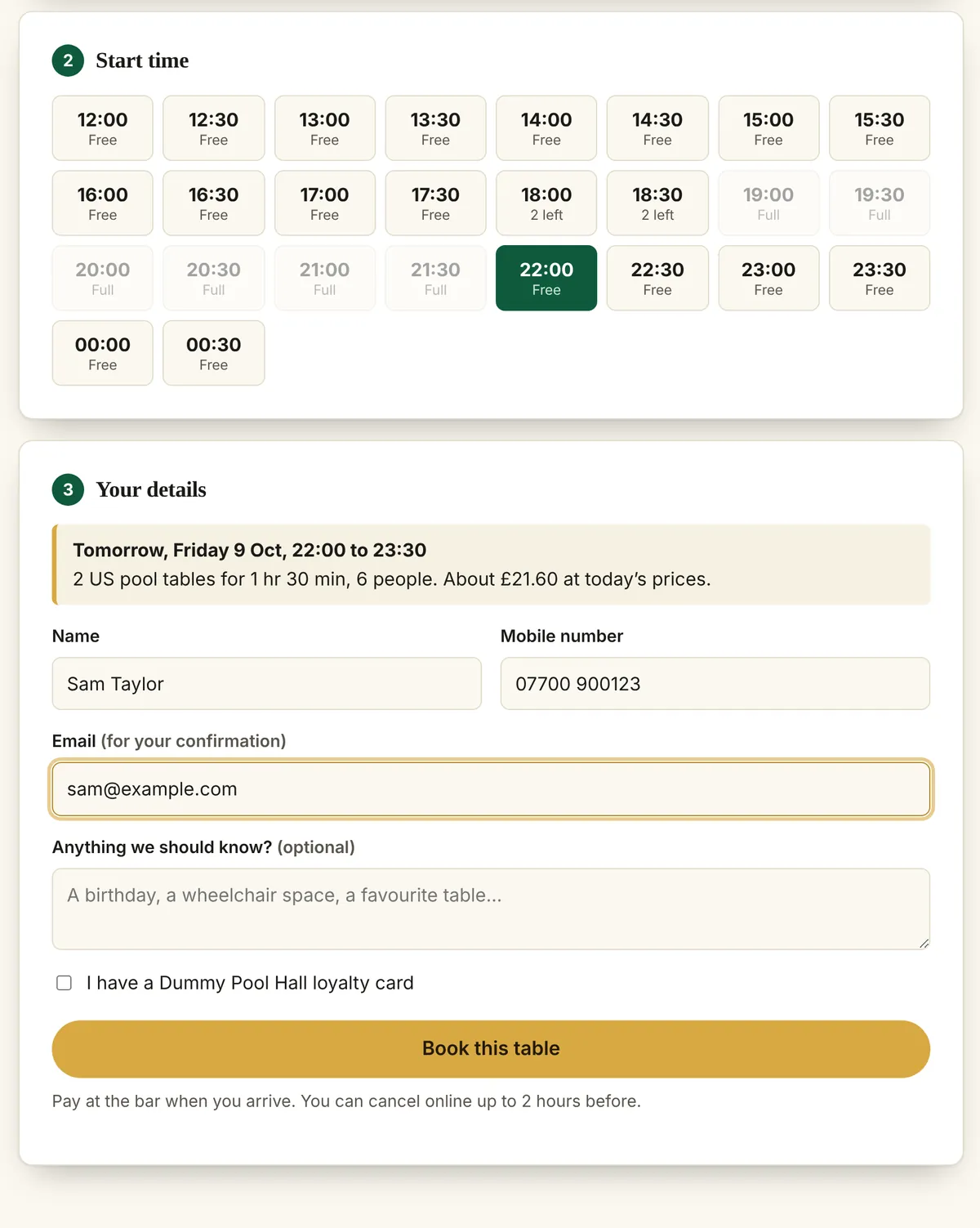 The booking form on the venue website: start times marked free, 2 left or full, then the customer’s details and a summary with the price at today’s rates.