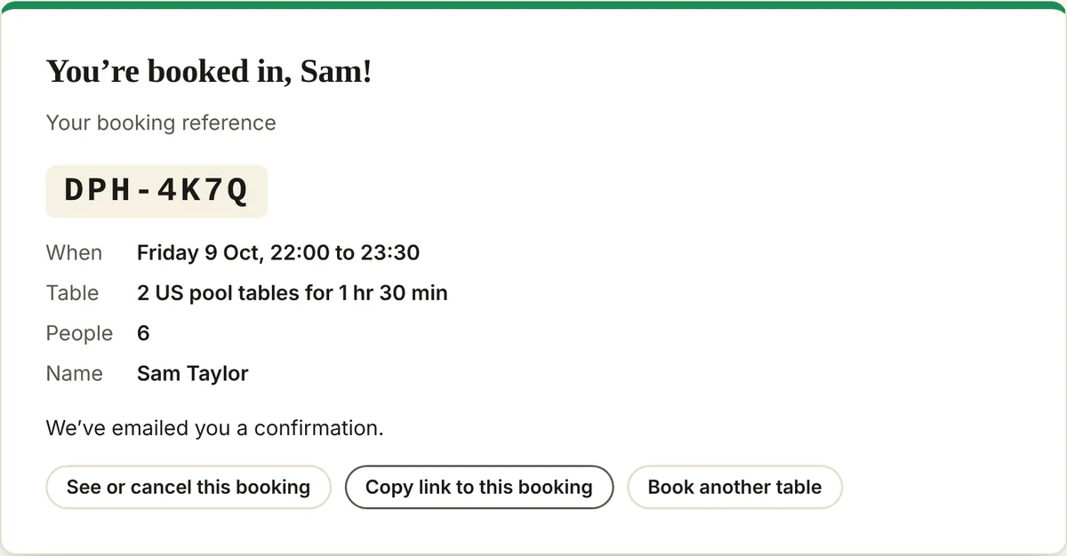 The confirmation: booking reference DPH-4K7Q, the time, tables and people, and buttons to see or cancel the booking.