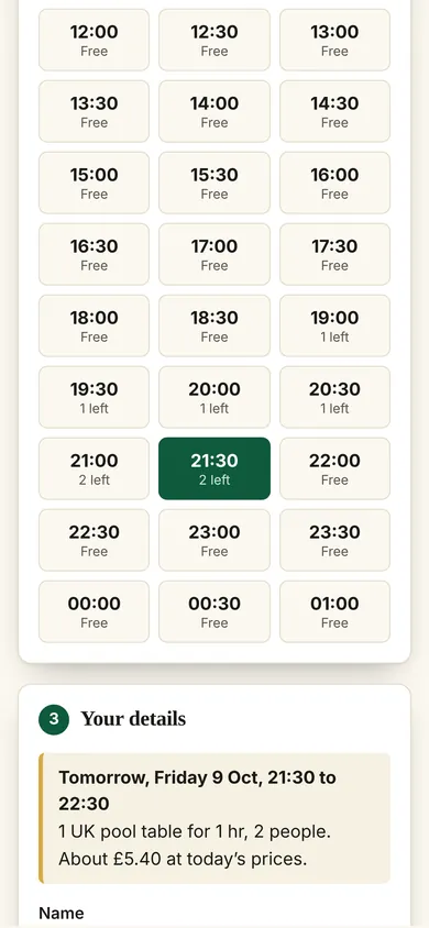 The same booking form on a phone.
