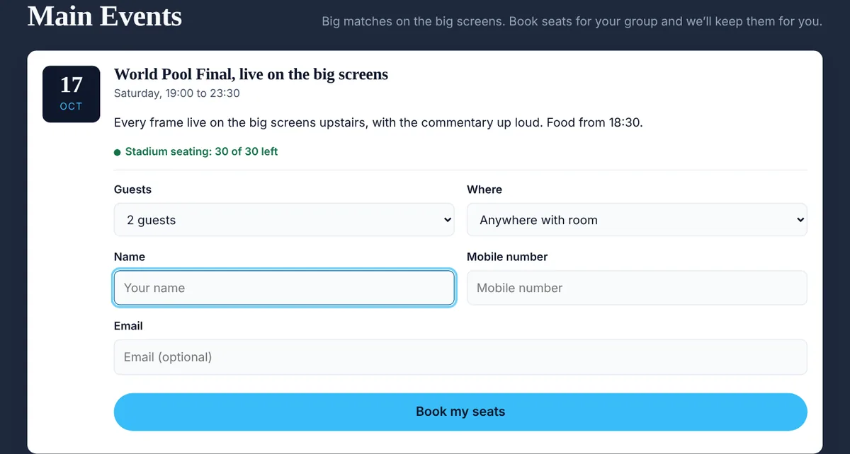 A Main Event on the venue website: the World Pool Final on the big screens, with 30 of 30 stadium seats left and a form to book seats for a group.